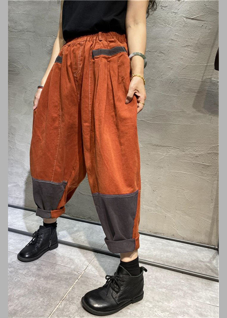 Plus Size Orange Pockets Denim Cotton Pants Spring