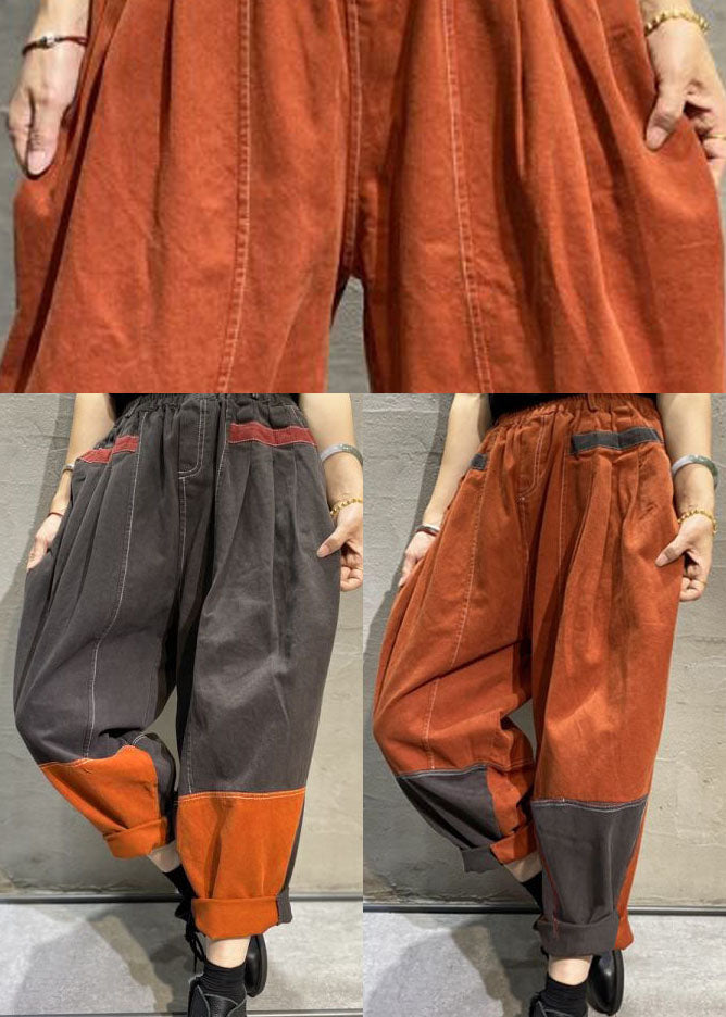 Plus Size Orange Pockets Denim Cotton Pants Spring