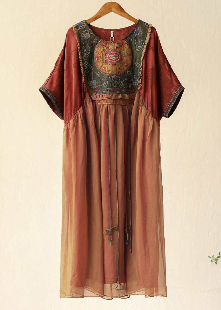 Plus Size Orange Tasseled Embroideried Patchwork Silk Long Dresses Summer
