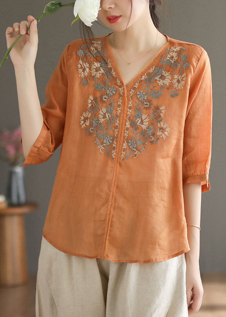 Plus Size Orange V Neck Embroideried Linen Blouse Top Half Sleeve