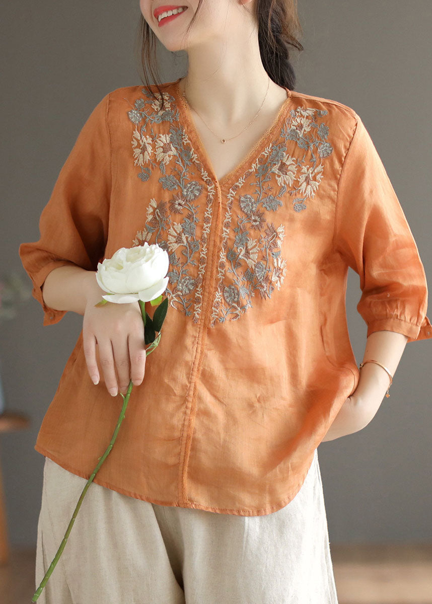 Plus Size Orange V Neck Embroideried Linen Blouse Top Half Sleeve