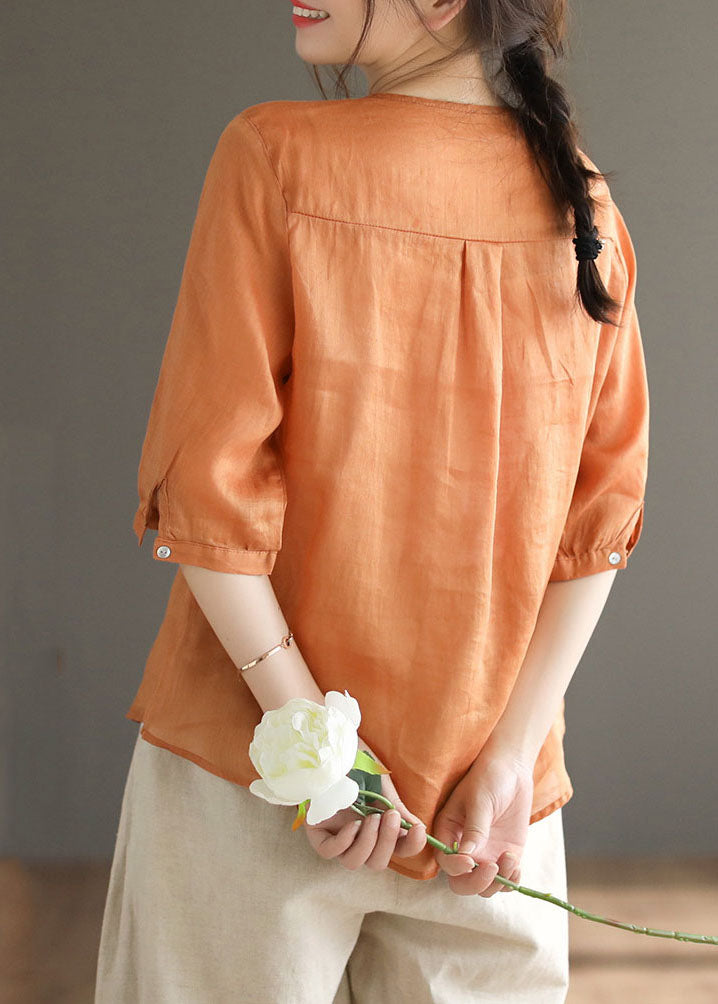 Plus Size Orange V Neck Embroideried Linen Blouse Top Half Sleeve