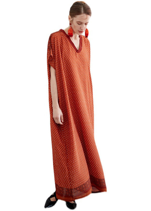 Plus Size Orange V Neck Print Chiffon Vacation Robe Dresses Summer