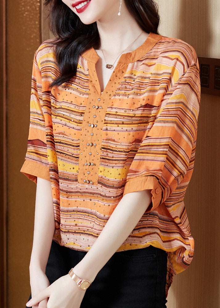 Plus Size Orange V Neck Striped Button Cotton Shirt Half Sleeve