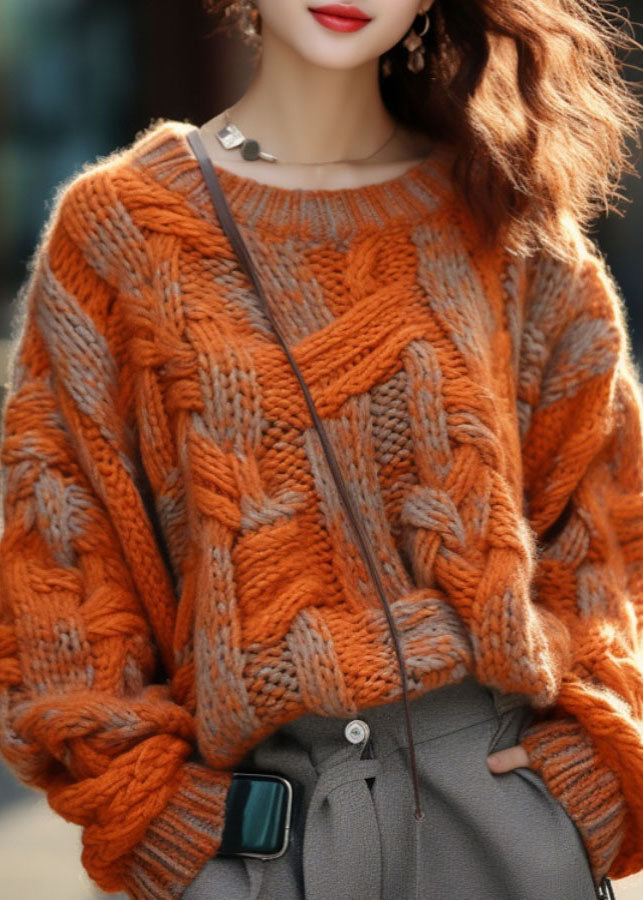 Plus Size Orange Warm Cotton Knitted Cable Sweater Winter