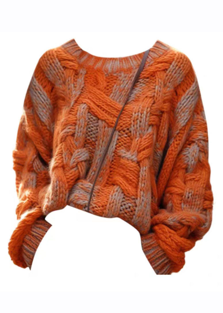 Plus Size Orange Warm Cotton Knitted Cable Sweater Winter