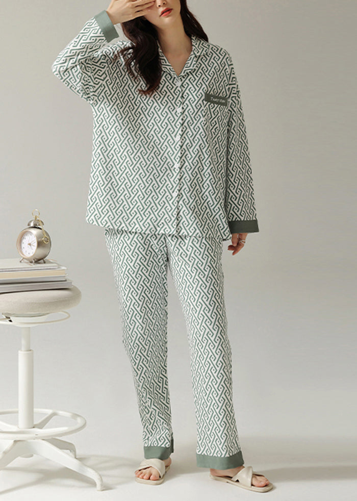 Plus Size Peter Pan Collar Print Cotton Pajamas Two Piece Set Outfits Spring