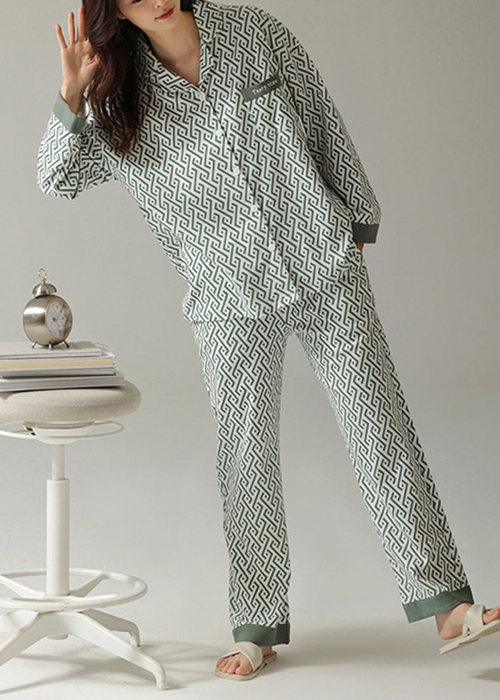 Plus Size Peter Pan Collar Print Cotton Pajamas Two Piece Set Outfits Spring