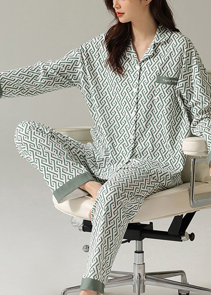 Plus Size Peter Pan Collar Print Cotton Pajamas Two Piece Set Outfits Spring
