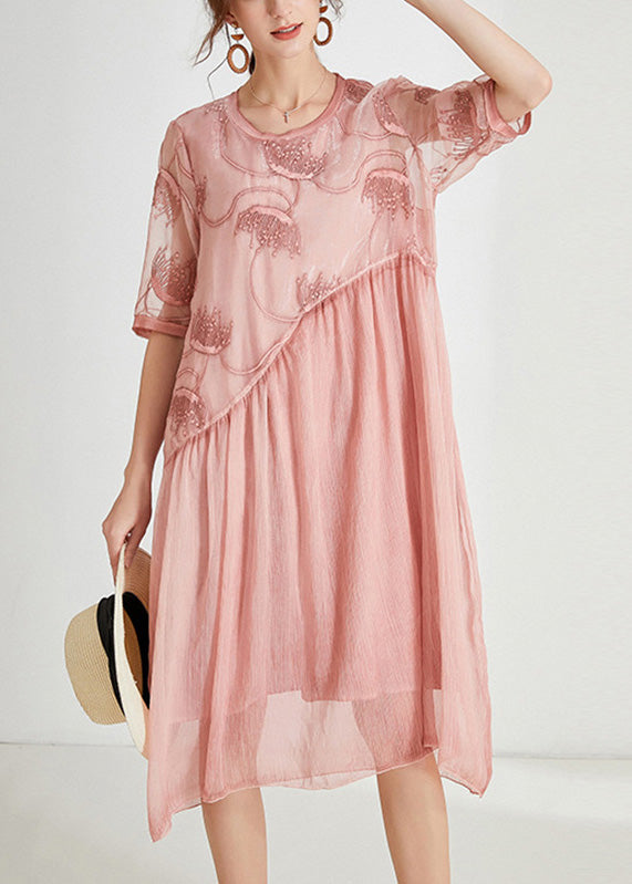 Plus Size Pink Embroideried Floral Chiffon Maxi Dress Short Sleeve