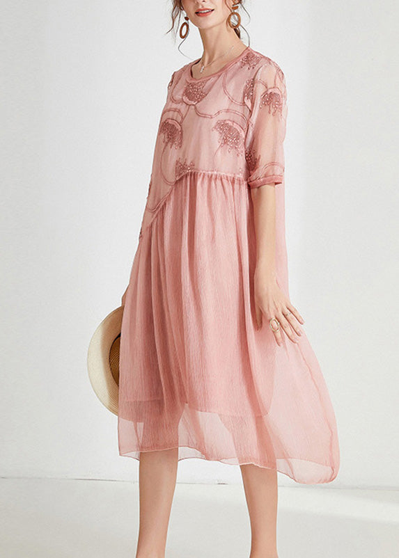 Plus Size Pink Embroideried Floral Chiffon Maxi Dress Short Sleeve