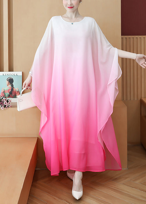 Plus Size Pink Gradient Color Draping Chiffon Long Dresses Summer - Omychic