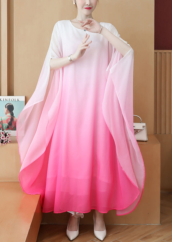 Plus Size Pink Gradient Color Draping Chiffon Long Dresses Summer - Omychic