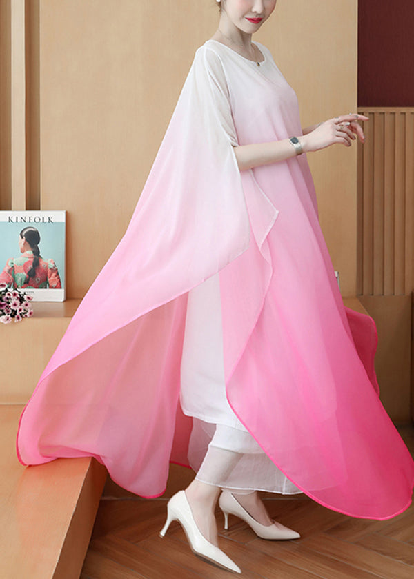 Plus Size Pink Gradient Color Draping Chiffon Long Dresses Summer - Omychic