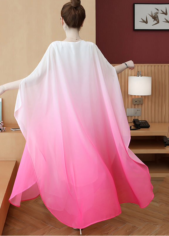 Plus Size Pink Gradient Color Draping Chiffon Long Dresses Summer - Omychic