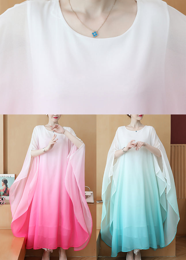 Plus Size Pink Gradient Color Draping Chiffon Long Dresses Summer
