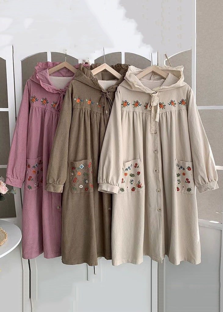 Plus Size Pink Hooded Embroideried Lace Up Cotton Long Coats Spring