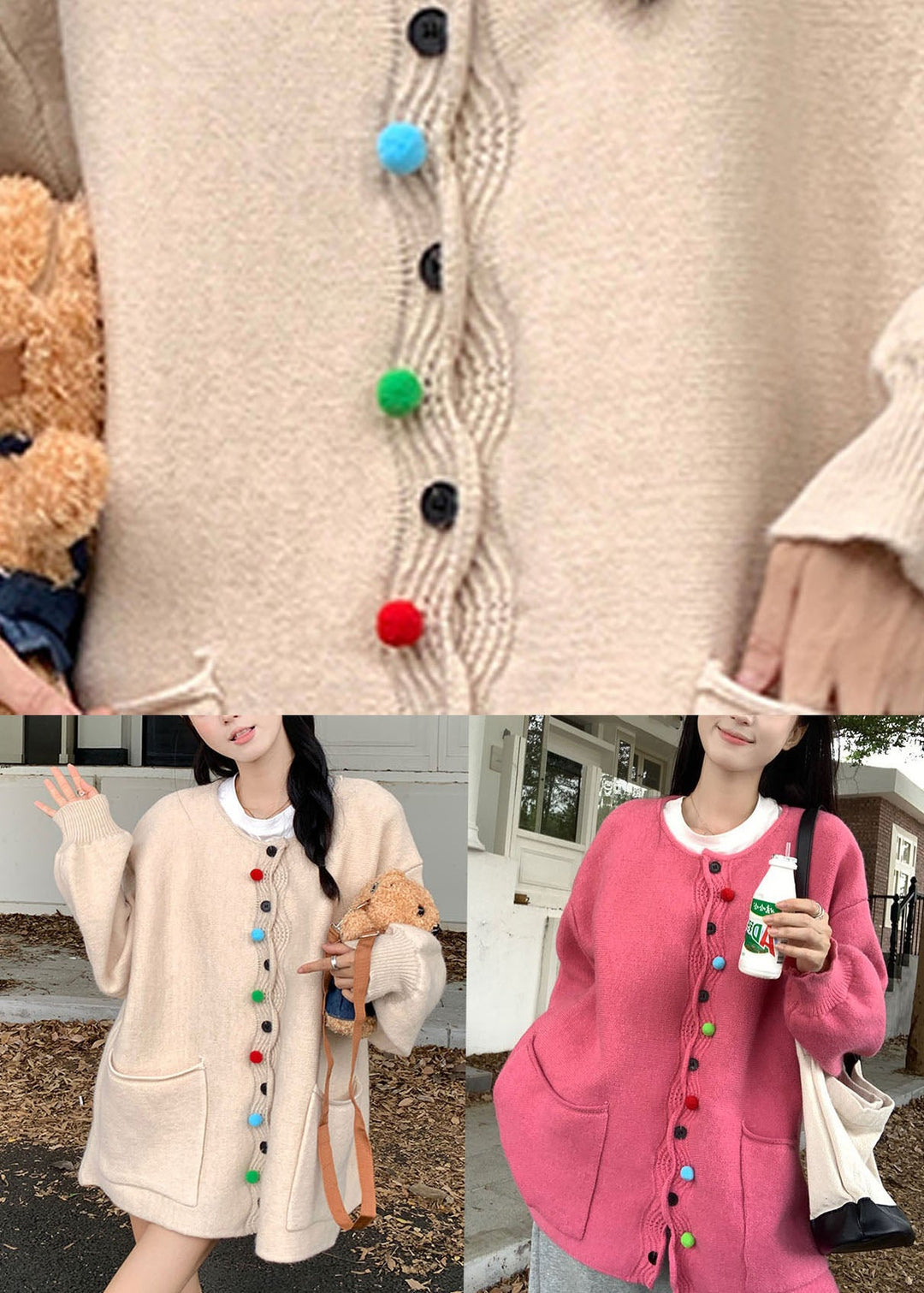 Plus Size Pink O-Neck Button Cotton Knit Sweaters Coats Fall