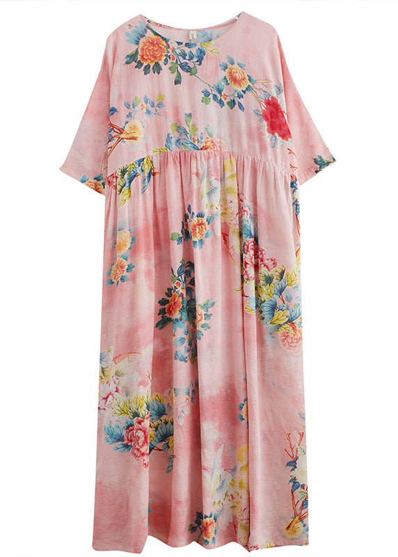 Plus Size Pink O-Neck Cinched Print Beach Dress Short Sleeve