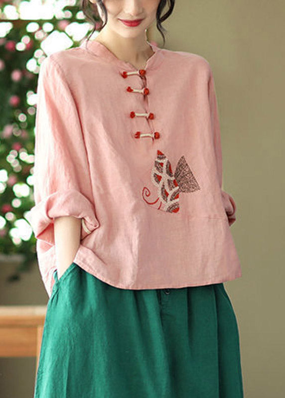 Plus Size Pink O-Neck Embroideried Linen Top Long Sleeve