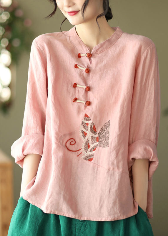 Plus Size Pink O-Neck Embroideried Linen Top Long Sleeve