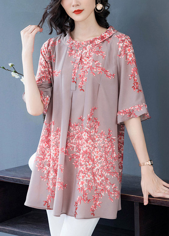 Plus Size Pink O-Neck Print Chiffon Top Flare Sleeve