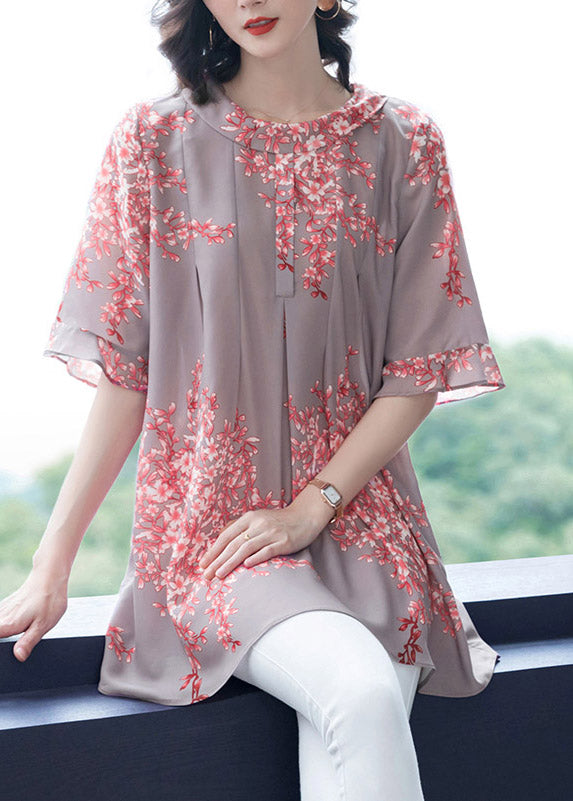 Plus Size Pink O-Neck Print Chiffon Top Flare Sleeve