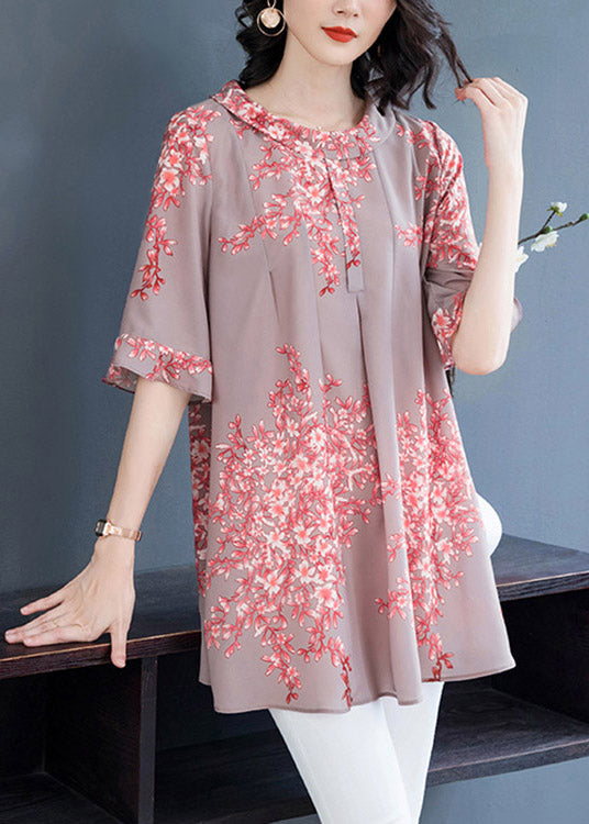 Plus Size Pink O-Neck Print Chiffon Top Flare Sleeve