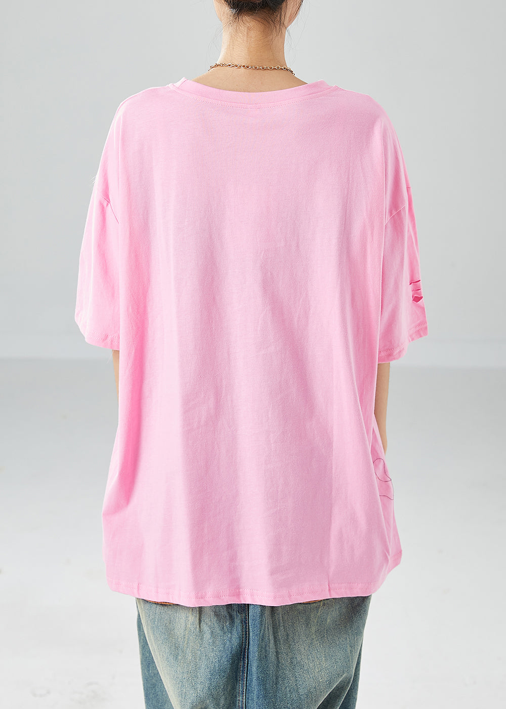 Plus Size Pink Oversized Print Hollow Out Cotton Top Summer