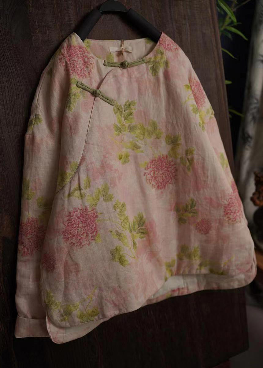 Plus Size Pink Peony O-Neck Print Fine Cotton Filled Winter Coats Long Sleeve