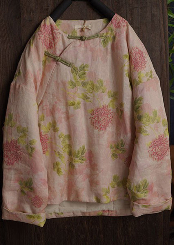 Plus Size Pink Peony O-Neck Print Fine Cotton Filled Winter Coats Long Sleeve