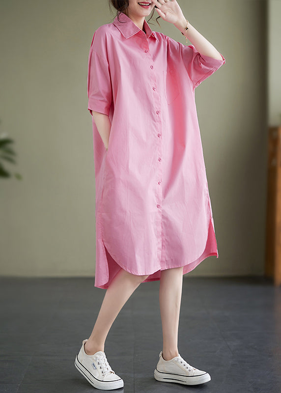 Plus Size Pink Peter Pan Collar Cotton Shirts Dress Summer