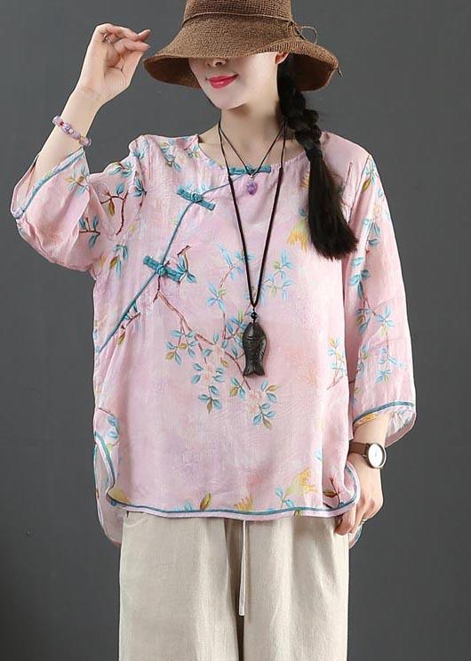 Plus Size Pink Print Linen Oriental Summer Shirts - Omychic