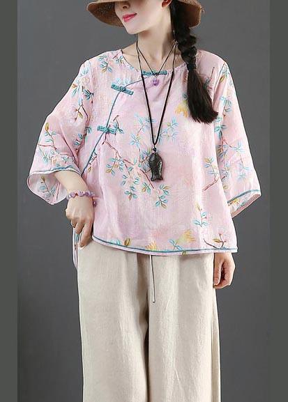 Plus Size Pink Print Linen Oriental Summer Shirts - Omychic