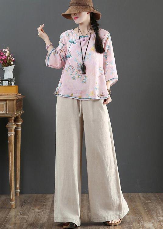Plus Size Pink Print Linen Oriental Summer Shirts - Omychic