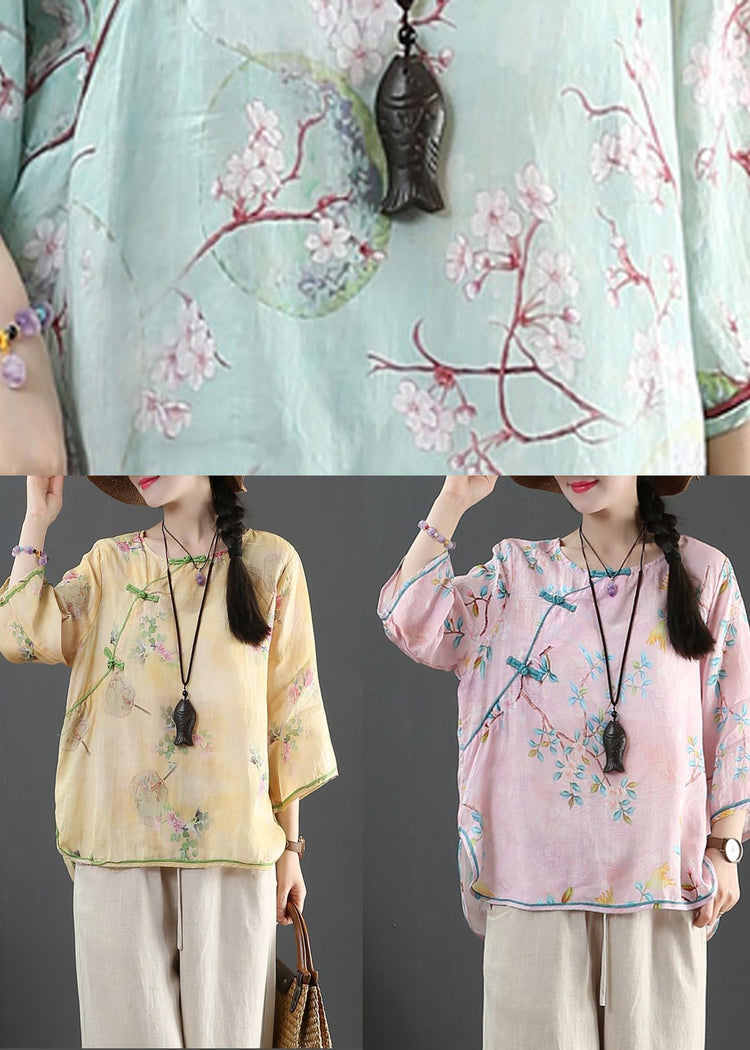 Plus Size Pink Print Linen Oriental Summer Shirts - Omychic