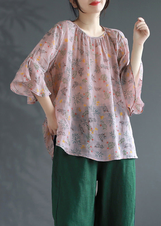 Plus Size Pink Print Patchwork Linen Shirts Flare Sleeve