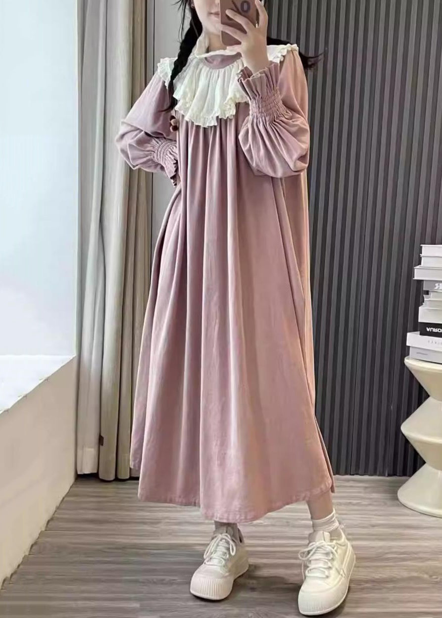 Plus Size Pink Ruffled Patchwork Cotton Long Dresses Spring