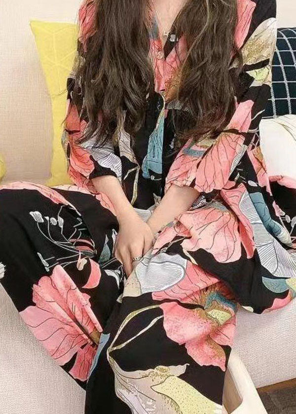 Plus Size Pink V Neck Lotus Print Cotton Two Piece Set Pajamas Summer