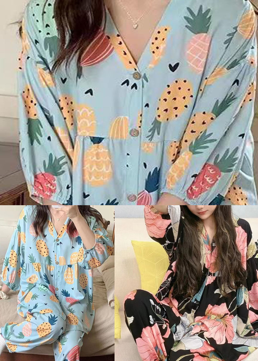 Plus Size Pink V Neck Lotus Print Cotton Two Piece Set Pajamas Summer