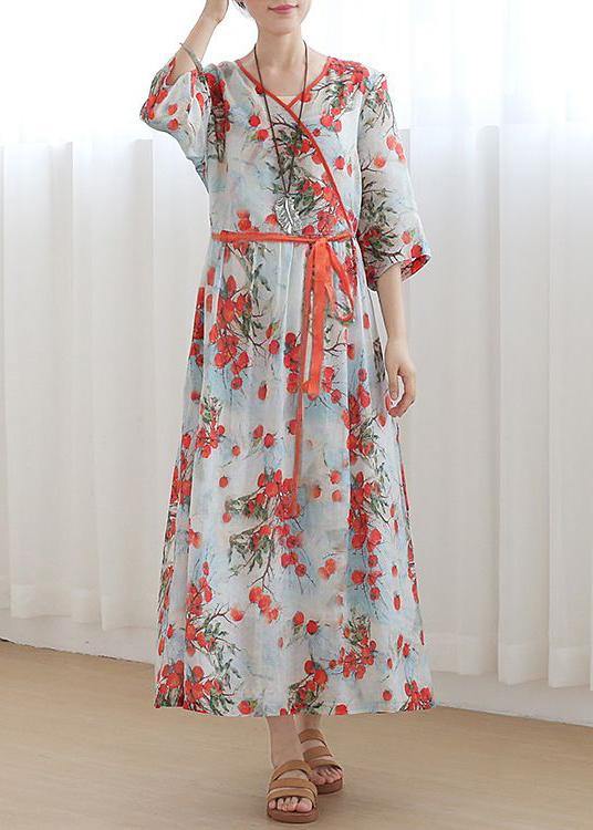 Plus Size Print Oriental Linen Tie Waist Summer Mid Dress - Omychic