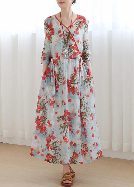 Plus Size Print Oriental Linen Tie Waist Summer Mid Dress - Omychic