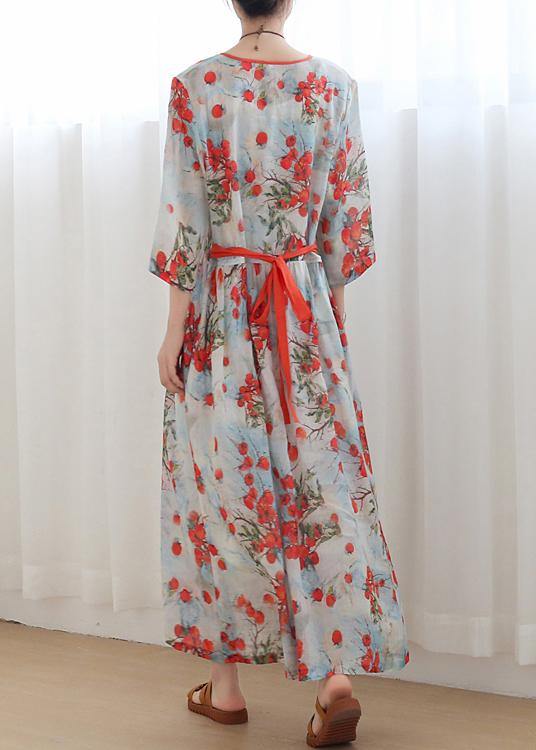 Plus Size Print Oriental Linen Tie Waist Summer Mid Dress - Omychic