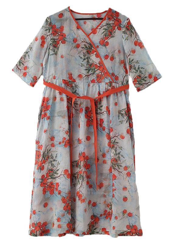 Plus Size Print Oriental Linen Tie Waist Summer Mid Dress - Omychic