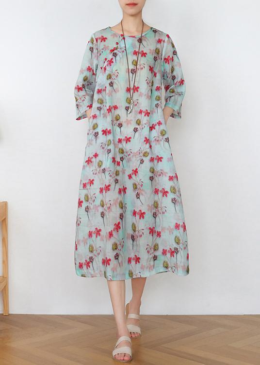 Plus Size Print Oriental Pockets Mid Summer Linen Dress - Omychic