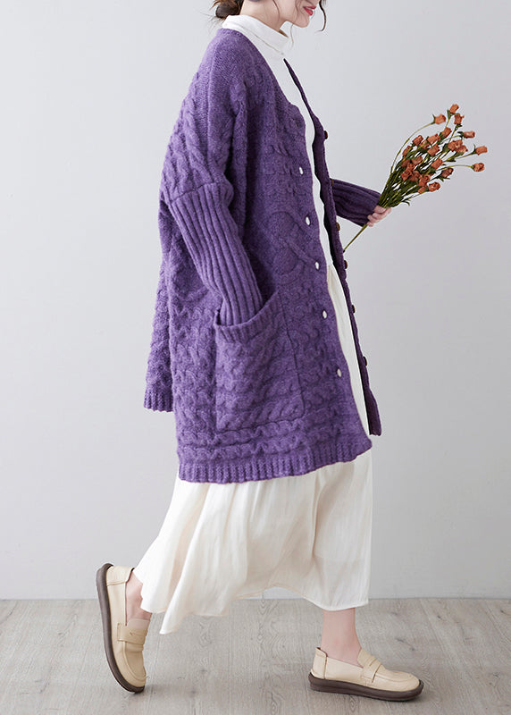 Plus Size Purple Button Pockets Cotton Knit Cardigan Fall