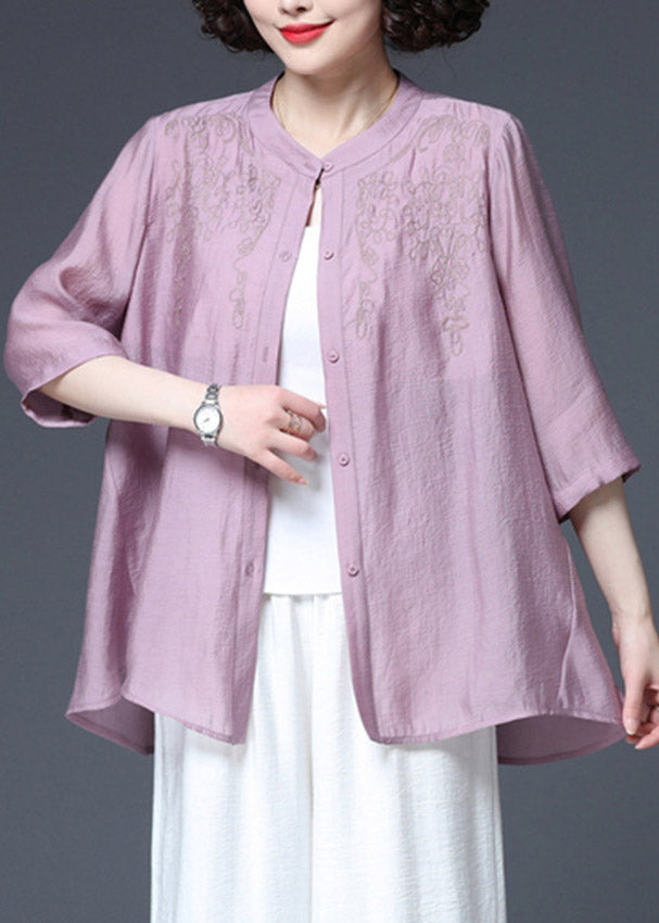 Plus Size Purple Embroideried Top Three Quarter sleeve