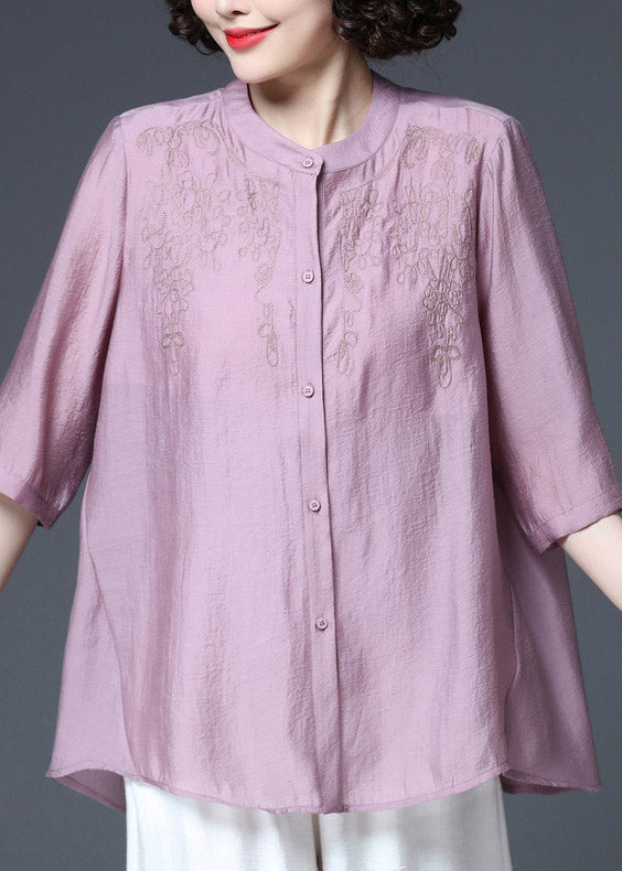 Plus Size Purple Embroideried Top Three Quarter sleeve