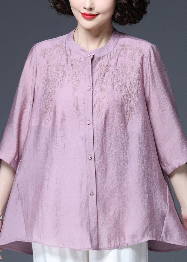 Plus Size Purple Embroideried Top Three Quarter sleeve