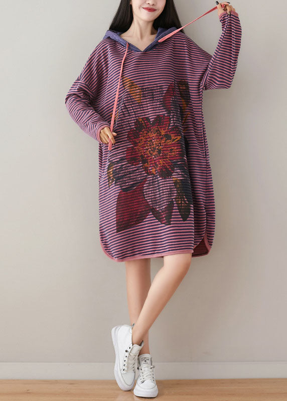 Plus Size Purple Hooded Striped Print Cotton Sweatshirt Dress Spring